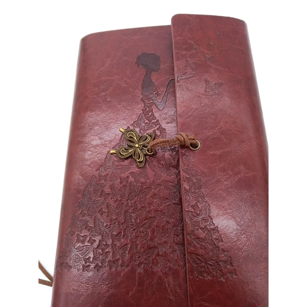 Vtg Burgundy PU Leather Embossed Girl/Butterfly Dress Refillable Journal  NWOT